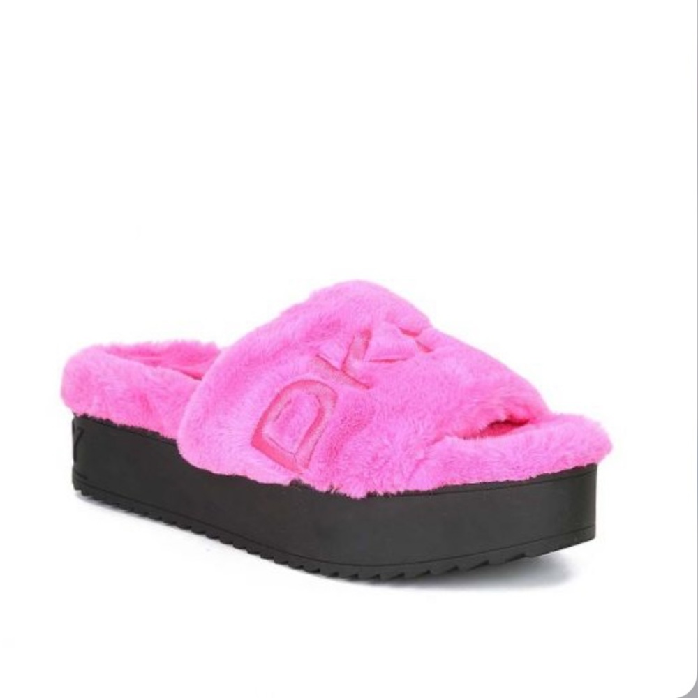 DKNY Pink Palz Faux Fur Logo Sandals NWT